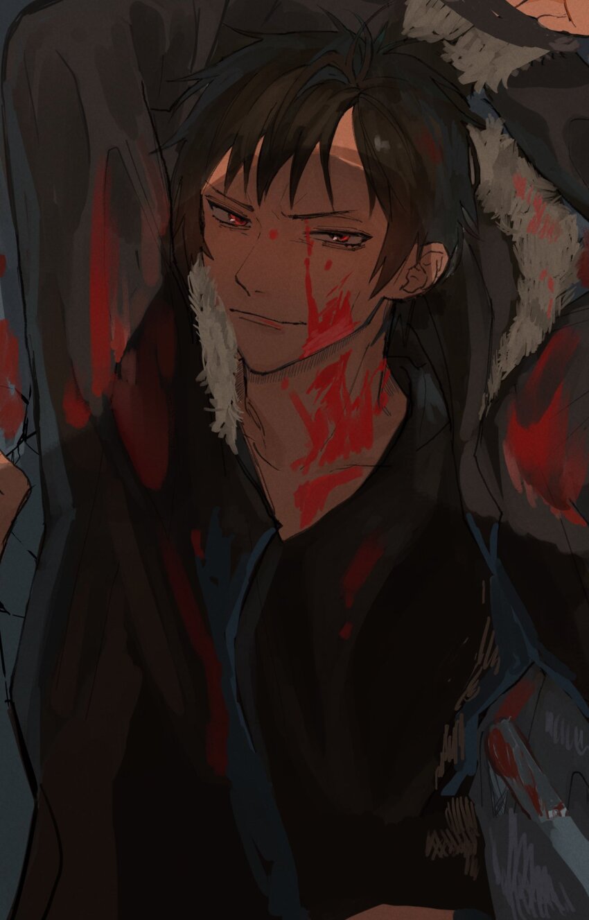 1boy arm_above_head arms_up black_hair black_jacket black_shirt blood blood_on_clothes blood_on_face closed_mouth commentary_request crew_neck durarara!! highres jacket light_smile looking_at_viewer male_focus namaemendoiyo open_clothes open_jacket orihara_izaya parted_bangs shirt short_hair solo upper_body