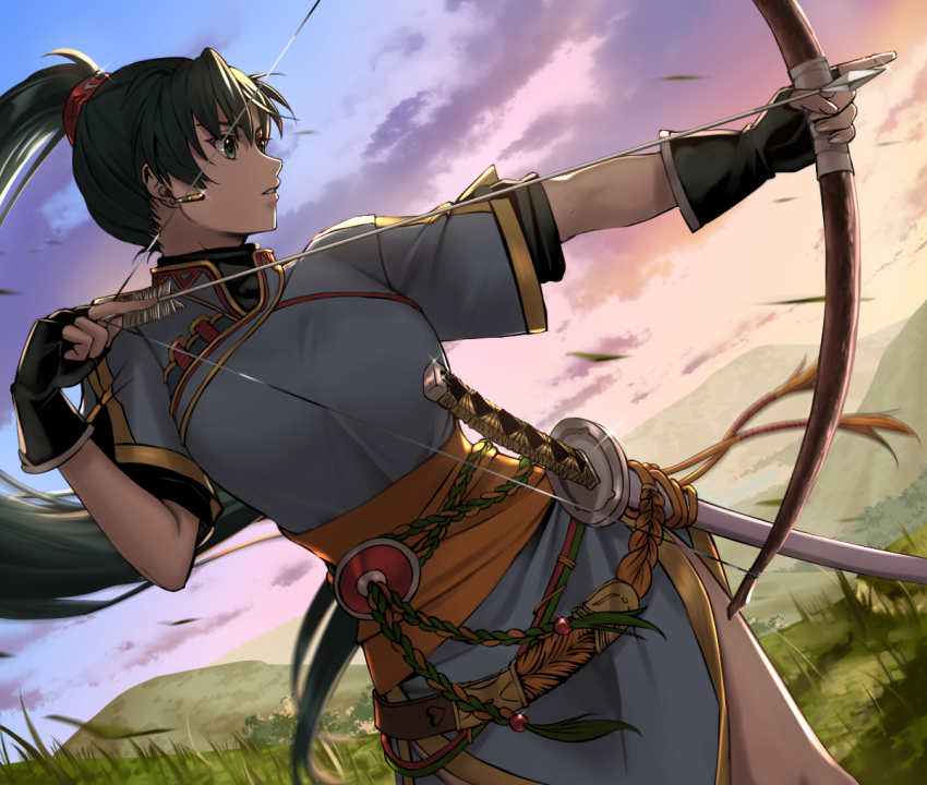 1girl aiming arrow_(projectile) blade_of_grass blue_dress bow_(weapon) breasts delsaber dress earrings fingerless_gloves fire_emblem fire_emblem:_the_blazing_blade gloves green_eyes green_hair high_ponytail hill holding holding_arrow holding_bow_(weapon) holding_weapon jewelry large_breasts long_hair lyn_(fire_emblem) nintendo outdoors pelvic_curtain ponytail rope_belt side_slit solo sword weapon