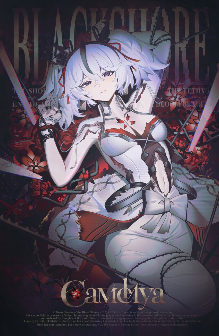 1girl absurdres armpits arms_up black_flower blake_bloom_(wuthering_waves) breasts camellya_(wuthering_waves) character_name clothing_cutout collar collarbone commentary dress earrings english_text flower gold_earrings hair_flower hair_ornament hair_ribbon hair_vines hashtag-only_commentary highres jewelry jeze lying medium_breasts navel on_back pantyhose red_ribbon ribbon short_hair short_twintails solo stomach_cutout tacet_mark_(wuthering_waves) twintails white_collar white_dress white_pantyhose wuthering_waves
