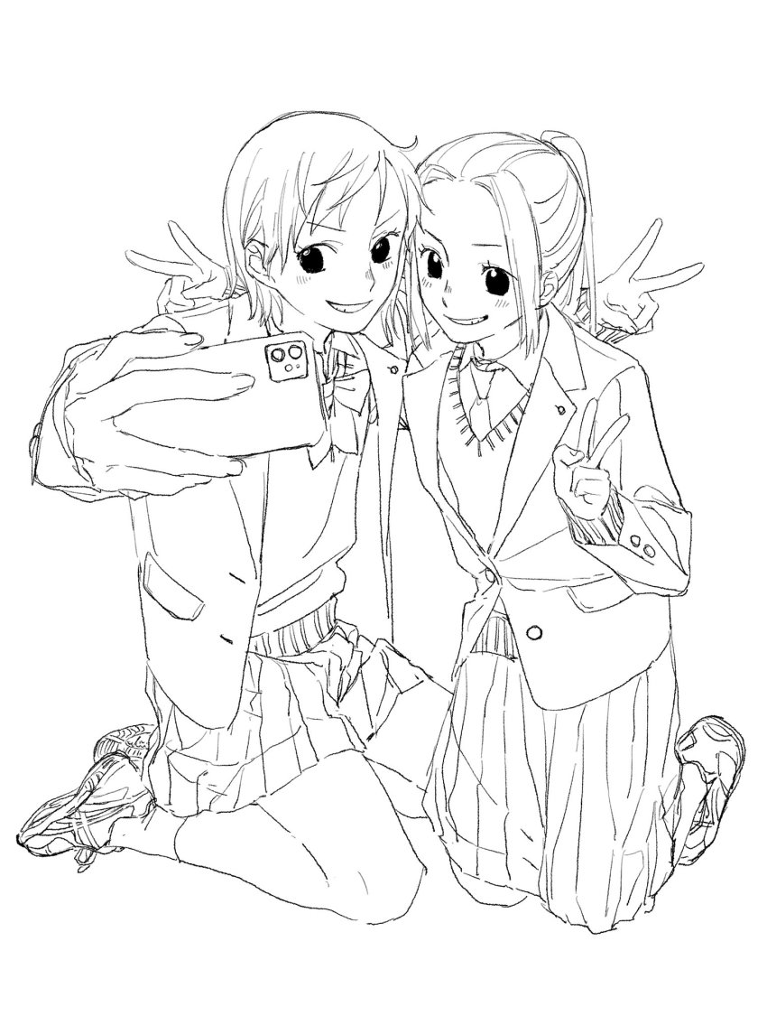 2girls arms_behind_head bare_legs black_eyes blazer blush double_v eyelashes facing_viewer foreshortening hand_around_neck highres holding holding_phone jacket kneeling knees_together_feet_apart leaning_forward lineart long_skirt looking_at_phone medium_hair monochrome multiple_girls nami_(one_piece) necktie nefertari_vivi nose on_ground one_piece open_clothes phone pleated_skirt ponytail ribbon school_uniform selfie shoes short_hair simple_background sittin skirt smile sneakers socks sweater teeth urasanmyaku v v-shaped_eyebrows white_background