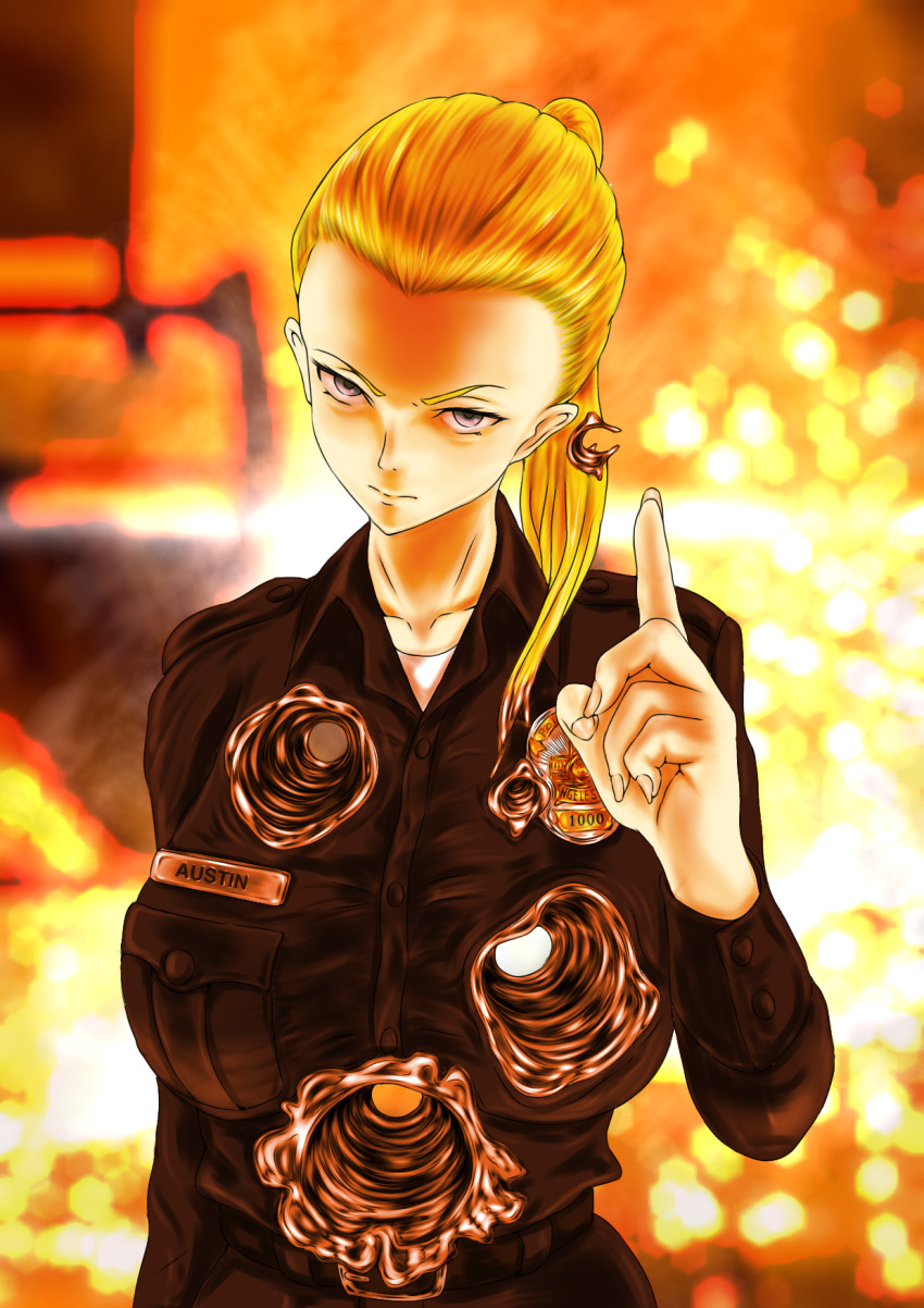 1girl blue_eyes blurry blurry_background breasts bullet_hole closed_mouth finger_wagging fire genderswap genderswap_(mtf) highres large_breasts liquidxt1000 long_hair long_sleeves looking_at_viewer name_tag police police_badge police_uniform policewoman ponytail scene_reference solo standing t-1000 terminator_(series) terminator_2:_judgment_day upper_body
