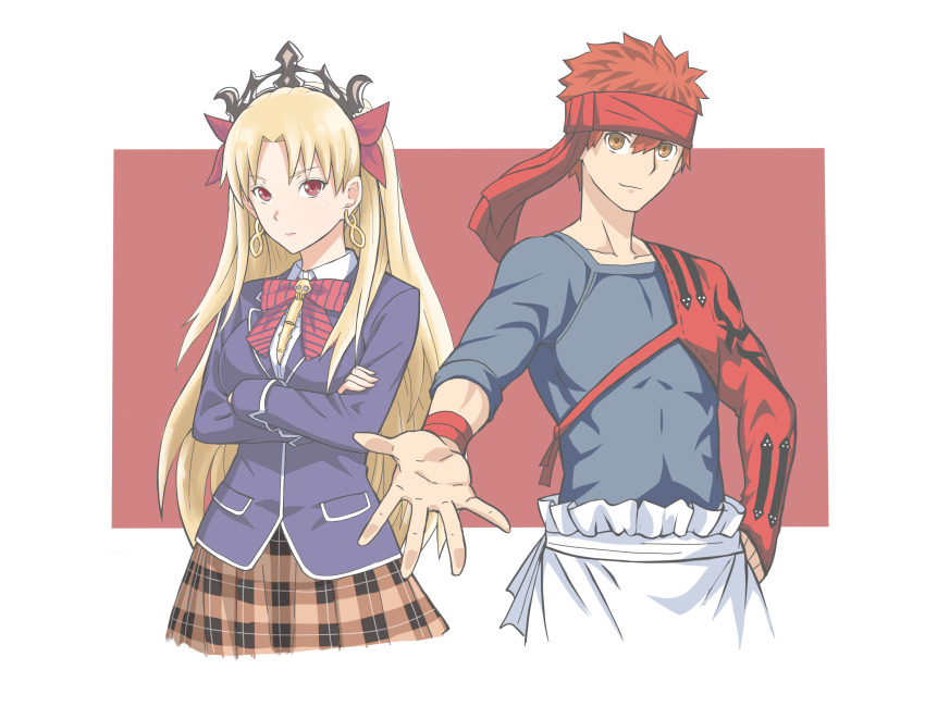 1boy 1girl absurdres black_shirt blonde_hair blue_jacket bow bowtie breasts brown_skirt commentary cosplay crossed_arms detached_sleeves earrings emiya_shirou ereshkigal_(fate) fate/grand_order fate_(series) headband highres jacket jewelry medium_breasts nakiri_erina nakiri_erina_(cosplay) open_hand orange_eyes orange_hair plaid_clothes plaid_skirt reaching reaching_towards_viewer red_eyes red_headband school_uniform senji_muramasa_(fate) shirt shokugeki_no_souma single_detached_sleeve skirt smile striped_bow striped_bowtie striped_clothes tiara tootsuki_saryou_ryouri_gakuen_uniform two_side_up wibubox wristband yukihira_souma yukihira_souma_(cosplay)