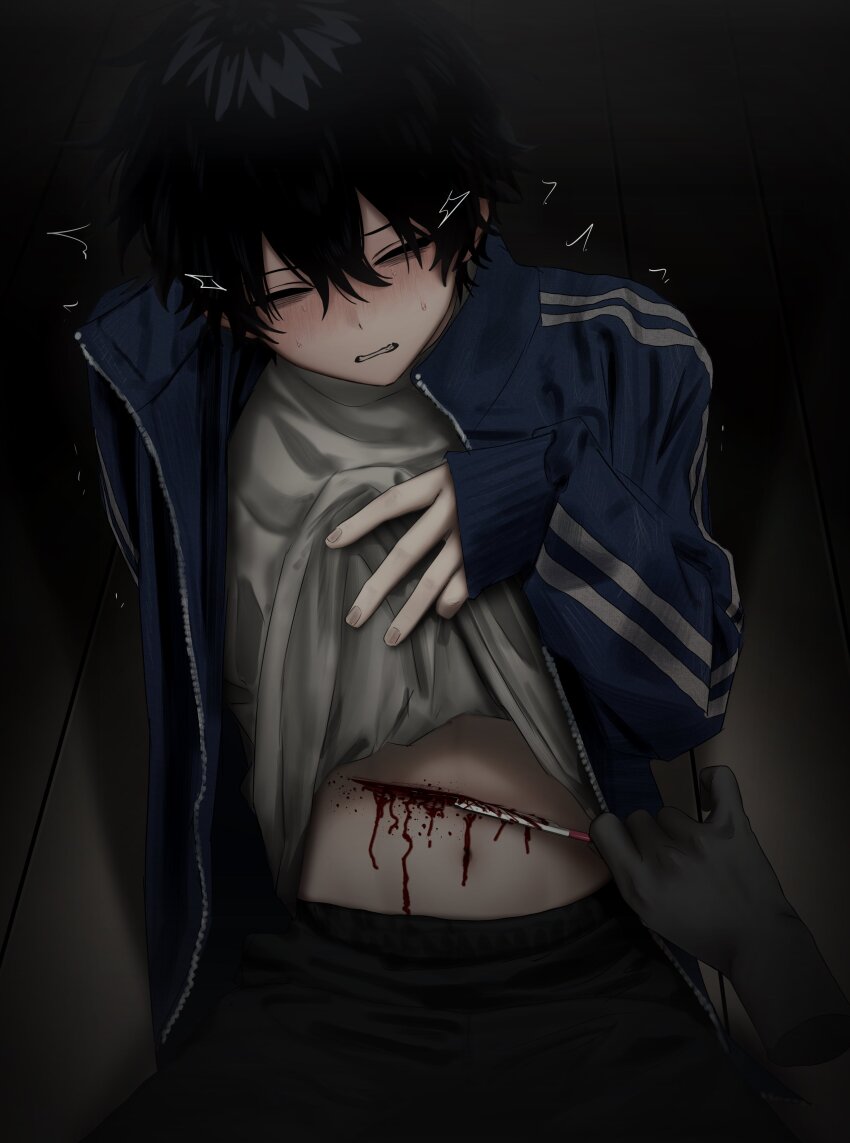 1boy absurdres bags_under_eyes black_hair black_pants blood blue_jacket blush clenched_teeth closed_eyes clothes_lift cutting disembodied_hand guro hair_between_eyes highres holding holding_knife imai-kun_(imai_akira) imai_akira injury jacket knife lifting_own_clothes long_sleeves male_focus on_floor open_clothes open_jacket original pants shirt shirt_lift sitting solo sweat teeth track_jacket