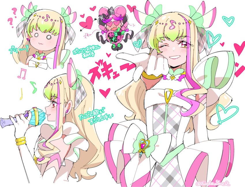 2girls :3 ? ?? arrow_through_heart beads black_bow black_dress blonde_hair bow bow-shaped_hair bracelet chibi circlet closed_mouth collared_dress colored_tips cowboy_shot cropped_torso cure_kiss cure_zukyuun detached_sleeves dot_nose dress earrings elbow_gloves eyelashes eyes_visible_through_hair eyeshadow fortissimo gloves gold_bracelet green_hair grey_dress grey_ribbon grin hair_beads hair_bow hair_ornament hair_ribbon heart heart-shaped_eyes high_collar highres holding holding_microphone idol jewelry kimi_to_idol_precure layered_dress light_blush lipstick long_hair magical_girl makeup meroron_(precure) microphone multicolored_hair multiple_earrings multiple_girls multiple_views music musical_note musical_note_hair_ornament o_o one_eye_closed open_clothes open_dress orange_eyeshadow outstretched_hand parted_bangs pink_hair pink_lips plaid_bow plaid_clothes plaid_dress plaid_ribbon pleated_sleeves precure puffy_short_sleeves puffy_sleeves purirun_(precure) purple_hair ribbon shirako_love short_sleeves sidelocks simple_background singing single_detached_sleeve sleeveless sleeveless_dress smile sphere_earrings streaked_hair translation_request waist_bow wavy_hair white_background white_bow white_dress white_gloves white_sleeves