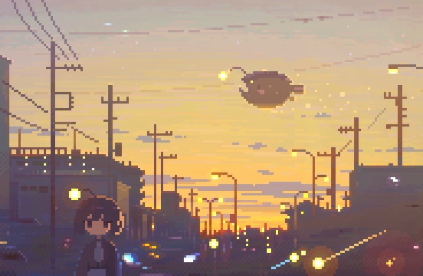 1girl anglerfish black_hair black_shirt building city_lights commentary_request dithering fish flying_fish gradient_sky highres illicium jitome lamppost long_sleeves necktie onndapixel orange_sky original pixel_art power_lines scenery shirt sky solo sunset utility_pole wide_shot