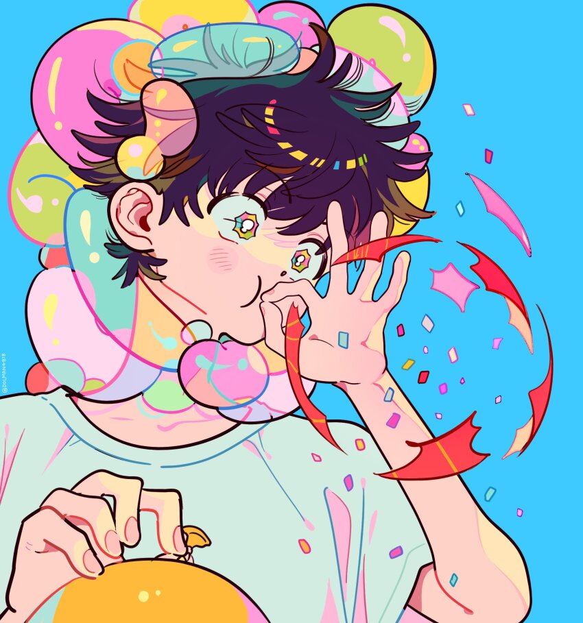 1boy :i absurdres balloon balloon_hair_ornament black_hair blue_background blush_stickers bright_pupils confetti dolman_(dm) hair_behind_ear hand_up highres holding holding_balloon male_focus messy_hair multicolored_eyes ok_sign original popped_balloon portrait rainbow_eyes shirt short_hair short_sleeves simple_background solo white_pupils white_shirt