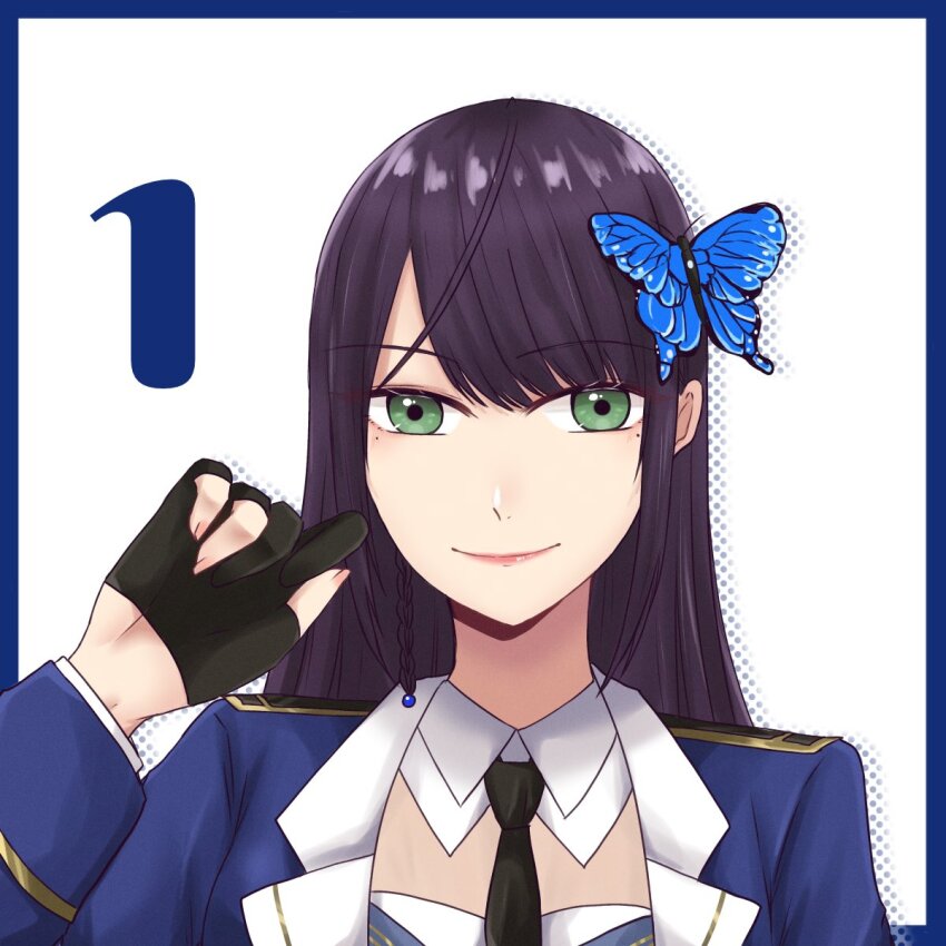 1girl actor actor_connection arm_at_side assault_lily black_gloves black_necktie blue_border blue_jacket border braid butterfly_hair_ornament closed_mouth commentary cosplay countdown detached_collar epaulettes fingernails funada_kiito funada_kiito_(cosplay) gloves green_eyes hair_ornament half_gloves halftone hand_up highres ishii_haruna jacket long_hair long_sleeves looking_at_viewer mole mole_under_eye necktie nigari_(ngari_0115) outside_border partially_fingerless_gloves portrait purple_hair real_life side_braid simple_background single_braid smile solo white_background