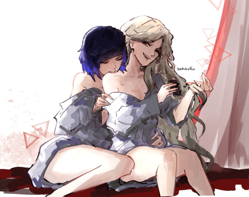2girls artist_name blonde_hair blue_hair brushing_hair closed_eyes closed_mouth comb commentary genshin_impact hand_in_own_hair hand_on_another&#039;s_waist highres holding holding_comb lipstick_mark lipstick_mark_on_breast long_hair multiple_girls ningguang_(genshin_impact) off_shoulder red_eyes short_hair sitting smile yelan_(genshin_impact) yuri zahauku
