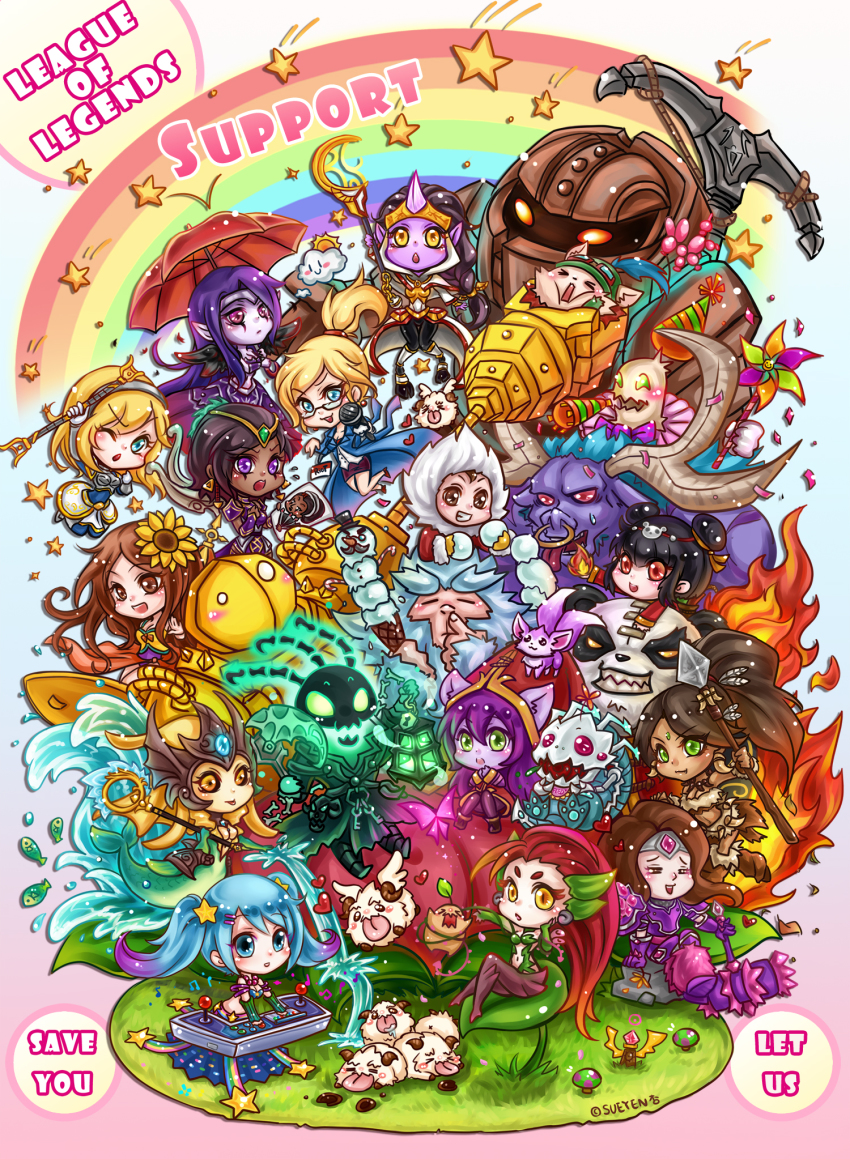 &gt;_&lt; 6+boys 6+girls =_= alistar_(league_of_legends) anchor annie_(league_of_legends) arcade_stick armor bad_id bad_pixiv_id balloon_animal bib black_hair blitzcrank blonde_hair blue_eyes blue_hair blush_stickers bone brown_eyes brown_hair bug butterfly chestnut_mouth closed_eyes cloud colored_skin controller dark_skin double_bun drooling earrings facial_hair fang fiddlesticks fire fish flower food game_controller glasses gloves goggles green_eyes grin hair_bun hair_ornament hairclip hand_fan hat headband headgear heart heimerdinger highres horns ice_cream ice_cream_cone insect janna_(league_of_legends) jewelry joystick karma_(league_of_legends) kog&#039;maw lantern league_of_legends leona_(league_of_legends) lulu_(league_of_legends) lux_(league_of_legends) mace mermaid microphone monster_girl morgana_(league_of_legends) multicolored_hair multiple_boys multiple_girls mushroom mustache nami_(league_of_legends) nautilus_(league_of_legends) nidalee nose_picking nose_piercing nose_ring nunu_(league_of_legends) one_eye_closed panda party_hat piercing pinwheel pointy_ears polearm poro_(league_of_legends) purple_eyes purple_hair purple_skin rainbow red_eyes red_hair sapling short_eyebrows sickle sitting smile snowball snowman sona_(league_of_legends) soraka_(league_of_legends) spear staff star_(symbol) sueyen sun sunflower surfboard sweatdrop taric teemo thresh_(league_of_legends) tibbers tongue top_hat twintails umbrella water weapon willump wings wink yellow_eyes yordle zyra