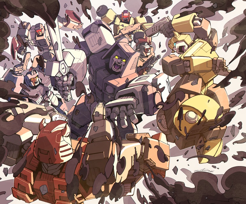 1980s_(style) 6+boys assault_visor autobot borezet breakdown_(transformers) bumblebee_(transformers) cannon cliffjumper cover dead_end_(transformers) decepticon dragstrip dual_wielding fighting glowing glowing_eyes gun holding holding_gun holding_sword holding_weapon horns machine machinery male_focus mecha motormaster multiple_boys no_humans oldschool open_mouth red_visor retro_artstyle robot science_fiction stunticon sword teeth transformers transformers:_generation_1 upper_teeth_only weapon wheel wildrider