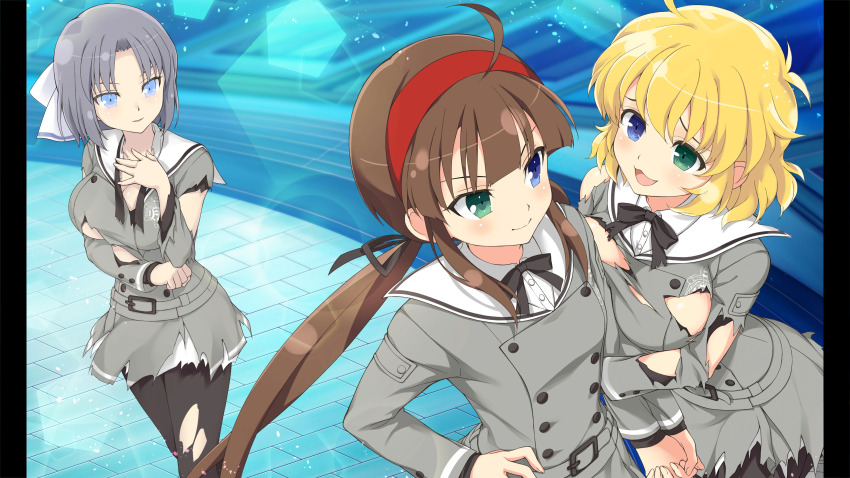 3girls absurdres ahoge black_pantyhose black_ribbon blonde_hair blue_eyes bow breasts brown_hair collar game_cg gessen_academy_school_uniform green_eyes grey_hair grey_jacket grey_skirt hair_bow hair_ribbon hairband hand_on_own_chest heterochromia highres interlocked_fingers jacket large_breasts long_hair long_sleeves looking_at_another looking_at_viewer low_twintails medium_hair multiple_girls neck_ribbon non-web_source official_art open_mouth pantyhose pillarboxed red_hairband ribbon ryoubi_(senran_kagura) ryouna_(senran_kagura) school_uniform senran_kagura senran_kagura_burst senran_kagura_burst_re:newal siblings sisters skirt smile torn_clothes twintails white_bow white_collar yaegashi_nan yumi_(senran_kagura)