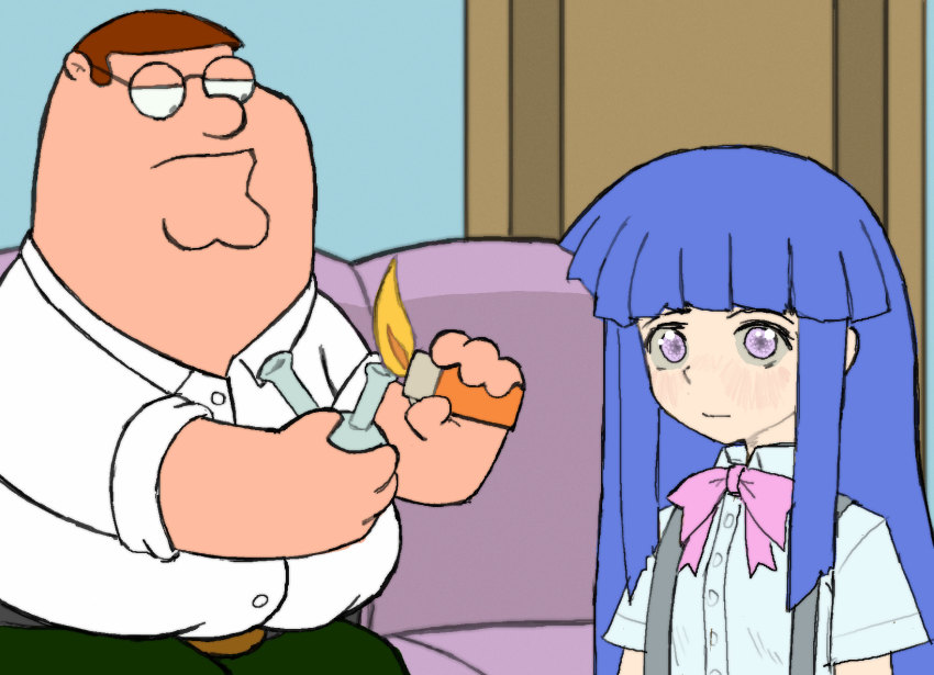 1boy 1girl absurdres blue_hair bow crossover drugs family_guy fire fire furude_rika green_pants highres higurashi_no_naku_koro_ni hime_cut lighter long_hair meme pants pantsu-ripper peter_griffin purple_eyes shirt what
