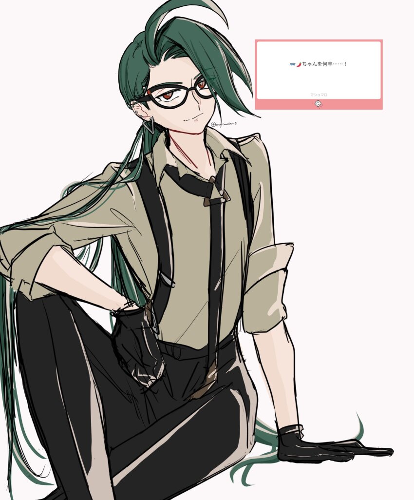 1girl arm_support black-framed_eyewear black_gloves black_necktie black_pants closed_mouth collared_shirt commentary_request earrings glasses gloves green_hair highres jewelry long_hair looking_at_viewer marshmallow_(site) necktie nintendo oysm_tmwrchan pants pokemon pokemon_sv rika_(pokemon) shirt sitting sleeves_rolled_up smile solo suspenders twitter_username white_background