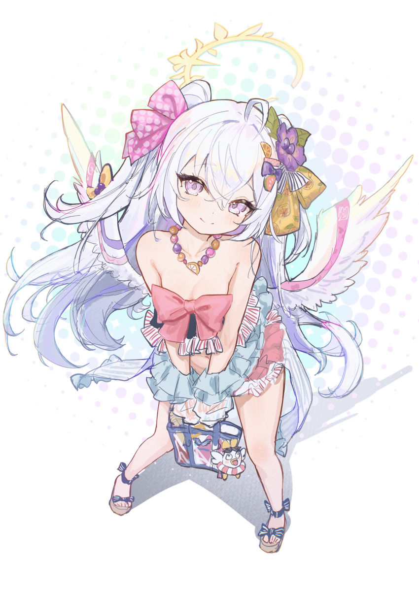 1girl azusa_(blue_archive) azusa_(swimsuit)_(blue_archive) bag bare_shoulders bikini blue_archive bow breasts chack520 closed_mouth feathered_wings floating_hair flower frilled_bikini frills full_body hair_between_eyes hair_flower hair_ornament halo head_tilt highres holding holding_bag jewelry light_smile long_hair looking_at_viewer necklace official_alternate_costume peroro_(blue_archive) pink_bow purple_eyes purple_flower sandals simple_background small_breasts solo standing swimsuit very_long_hair white_background white_hair white_wings wings yellow_bow yellow_halo