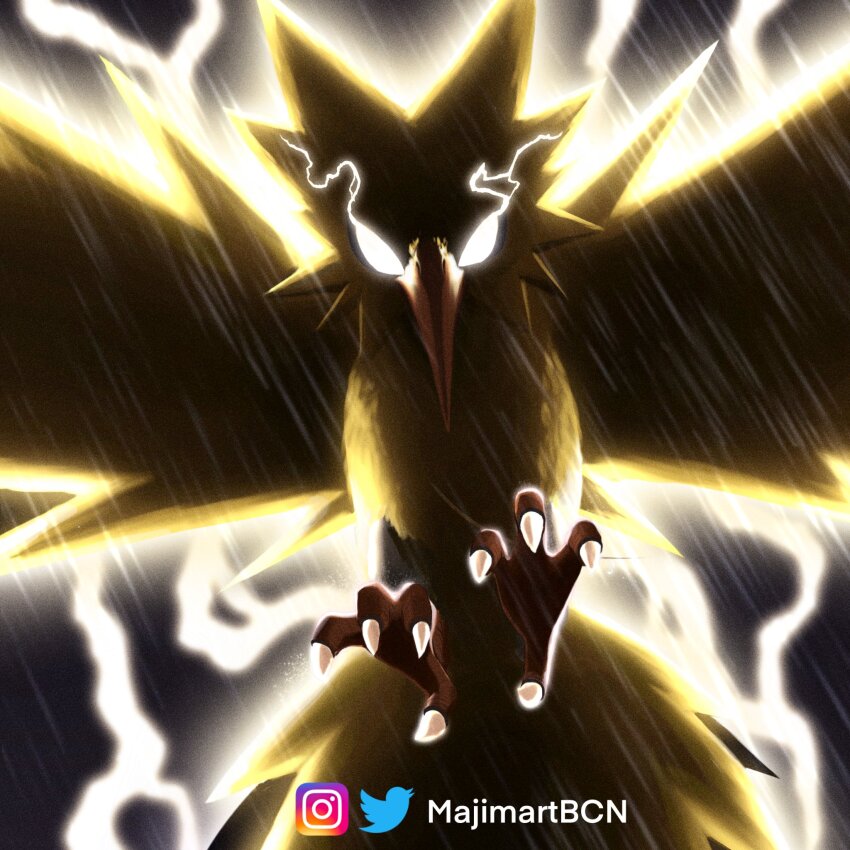 animal_focus artist_name backlighting bird black_sky blank_eyes claws electricity flying gen_1_pokemon glowing glowing_eyes highres instagram_logo instagram_username legendary_pokemon lightning looking_at_viewer majimartbcn night nintendo no_humans outdoors pokemon pokemon_(creature) rain sky solo spread_wings twitter_logo twitter_username watermark white_eyes zapdos