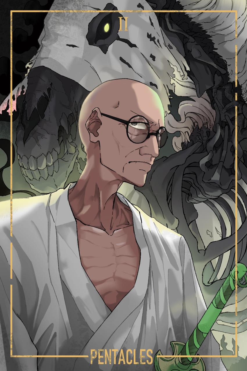 1boy alternate_form bald card_(medium) closed_mouth commentary commentary_request english_commentary english_text ethan-baron_v._nusjuro glasses grey_eyes highres japanese_clothes katana kimono male_focus mawueee mixed-language_commentary old old_man one_piece roman_numeral round_eyewear sword tarot tarot_(medium) weapon white_kimono