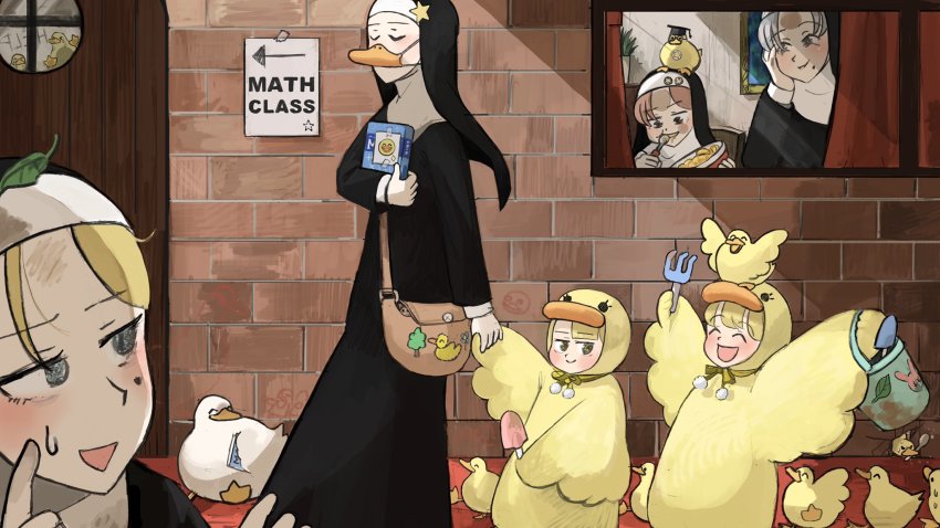 5girls ^_^ aged_down animal animal_on_head bag beak bird blonde_hair blue_eyes book bowl brick_wall bucket chicken chocolate_chip_cookie clinging closed_eyes clumsy_nun_(diva) commentary cookie crying curtains digging diva_(hyxpk) door duck duck_costume duckling eating elbow_rest english_commentary finger_to_cheek food glass glasses grey_hair habit hand_on_own_cheek hand_on_own_face hat highres holding holding_book holding_bowl holding_bucket holding_hands holding_shovel holding_spoon hungry_nun_(diva) leaf leaf_on_head little_nuns_(diva) mask mole mole_under_eye mole_under_mouth mortarboard mouth_hold mouth_mask multiple_girls nervous_sweating nun on_head picture_frame plant poster_(object) potted_plant red_hair shovel silhouette slice_of_life smirk smug_nun_(diva) spicy_nun_(diva) spoon spread_wings star_(symbol) star_nun_(diva) sticker strict_nun_(diva) sweat sweatdrop tears traditional_nun trowel utensil_in_mouth wall window yellow_eyes
