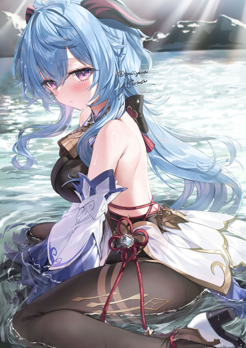 1girl ahoge bare_shoulders bell black_gloves blue_hair blush bodystocking breasts cleavage closed_mouth detached_sleeves ganyu_(genshin_impact) genshin_impact gloves goat_horns highres horns long_hair long_sleeves looking_at_viewer neck_bell outdoors signature sitting solo wariza water wet white_footwear yana_mori