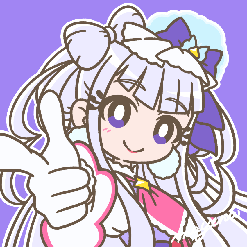 1girl ascot blush bow bright_pupils closed_mouth cure_amour earrings eyelashes gloves hair_bow hair_ornament high_collar highres hugtto!_precure jewelry long_hair looking_at_viewer magical_girl mayena outline pink_ascot pointing pointing_at_viewer pom_pom_(clothes) pom_pom_earrings pom_pom_hair_ornament precure purple_background purple_bow purple_eyes purple_hair ruru_amour signature simple_background smile solo upper_body very_long_hair white_gloves white_outline white_pupils