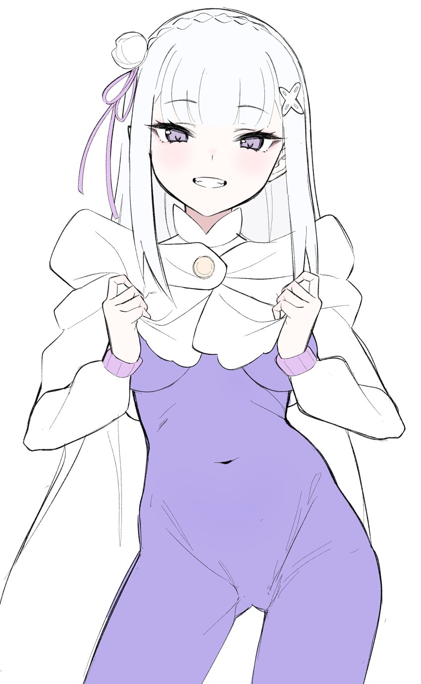 1girl absurdres bodysuit braid breasts cape contrapposto covered_navel crown_braid emilia_(re:zero) flower fuyukey gluteal_fold grin hair_flower hair_ornament highres large_breasts long_sleeves looking_at_viewer official_alternate_costume purple_bodysuit purple_eyes purple_ribbon re:zero_kara_hajimeru_isekai_seikatsu ribbon rose simple_background sketch skin_tight smile solo twitter_username underboob white_background white_cape white_flower white_rose x_hair_ornament
