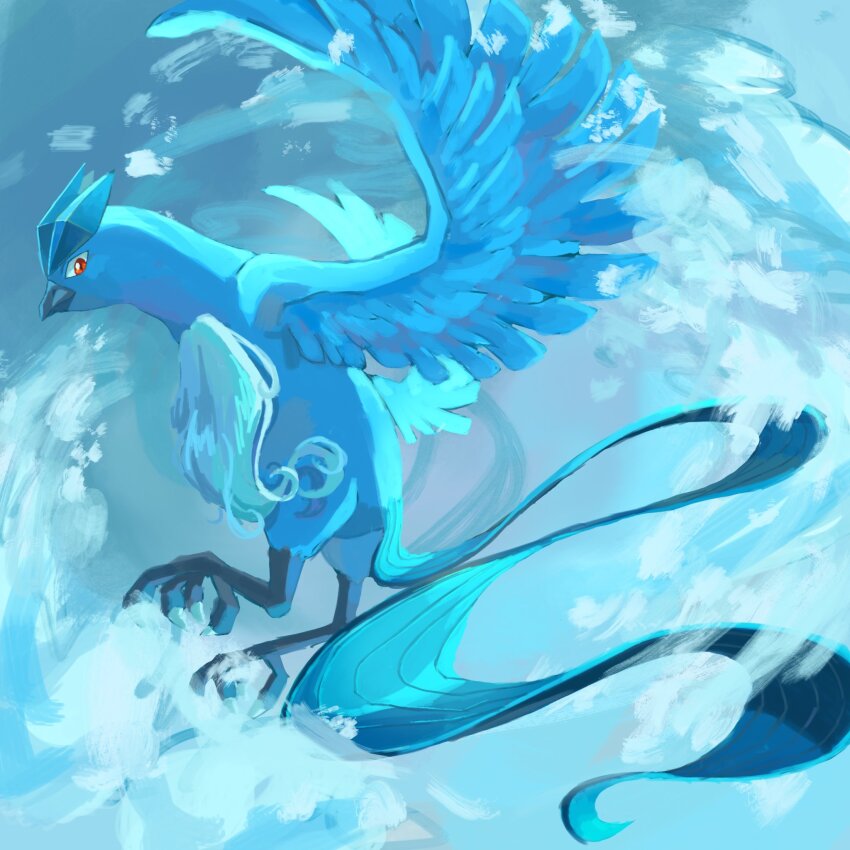 animal_focus articuno beak bird claws feathers gen_1_pokemon highres keruasu0629 legendary_pokemon looking_back nintendo pokemon pokemon_(creature) red_eyes solo tail wings