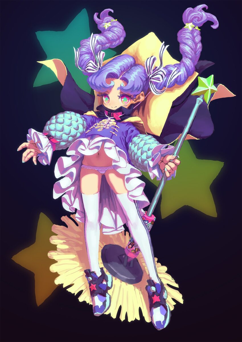 1girl aqua_nails black_background braid cape clothes_lift dress dress_lift eyelashes floating_hair frilled_dress frilled_panties frilled_sleeves frills full_body gluteal_fold green_pupils hair_ornament hair_ribbon highres holding holding_wand jonpei long_hair looking_at_viewer nail_polish navel original outstretched_arms panties pink_eyes pink_panties puffy_sleeves purple_hair reebok reebok_pump ribbon shoes smile sneakers solo spread_arms star-shaped_pupils star_(symbol) star_hair_ornament striped_ribbon symbol-shaped_pupils thighhighs twin_braids underwear wand white_thighhighs