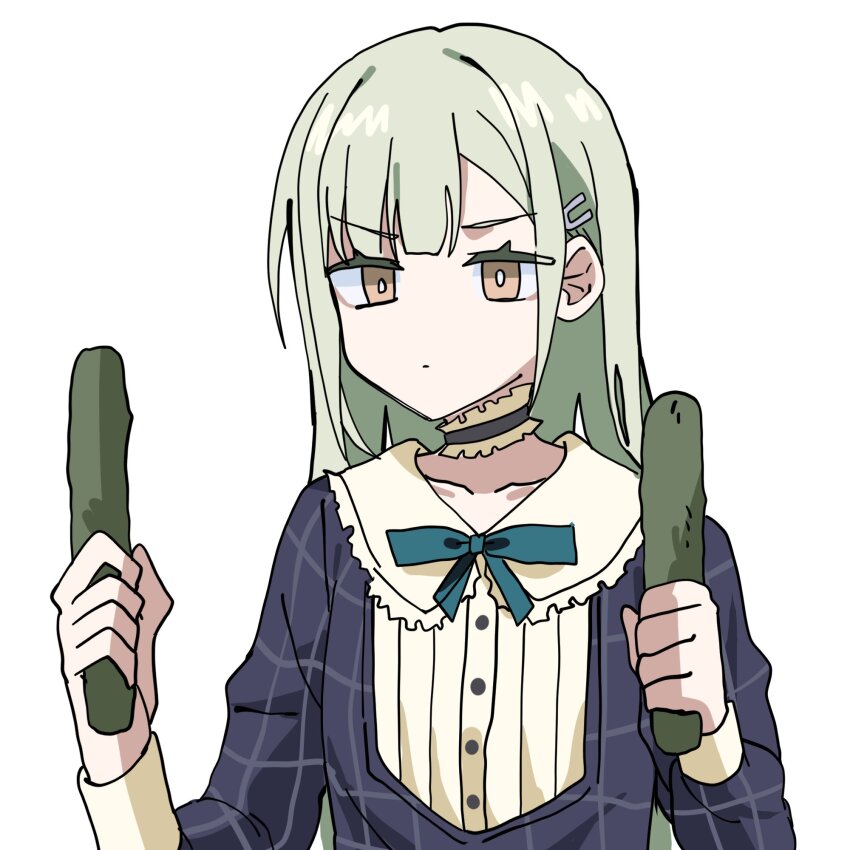 1girl bang_dream! bang_dream!_it&#039;s_mygo!!!!! blue_choker blue_dress blue_ribbon bucishiro choker commentary_request cucumber dress food frilled_choker frills green_hair hair_ornament hairclip highres holding holding_food indonesian_commentary long_hair long_sleeves neck_ribbon plaid_clothes plaid_dress ribbon simple_background solo upper_body wakaba_mutsumi white_background yellow_eyes