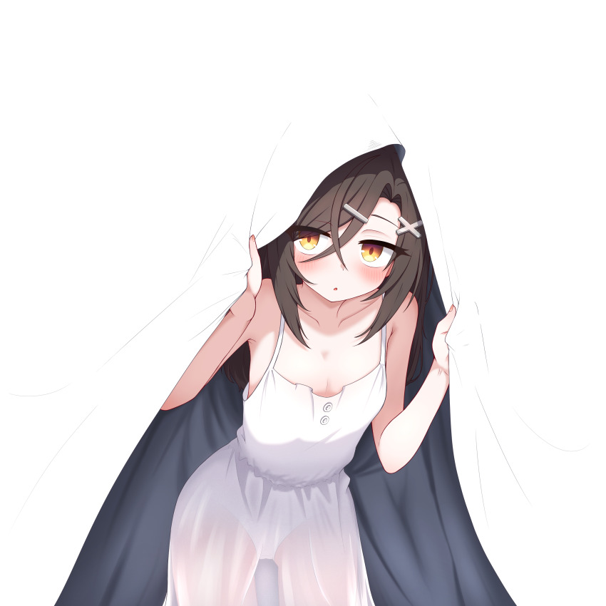 1girl absurdres alpha_transparency armpit_crease bare_arms blush breasts brown_eyes brown_hair chestnut_mouth christina_brecht cleavage collarbone commentary commission counter:side crossed_bangs dress hair_between_eyes hair_ornament hairclip highres holding_veil leaning_forward long_hair looking_at_viewer panties parted_bangs rladnr6 see-through_clothes see-through_dress simple_background sleeveless sleeveless_dress solo transparent_background underwear variant_set veil white_dress white_panties x_hair_ornament