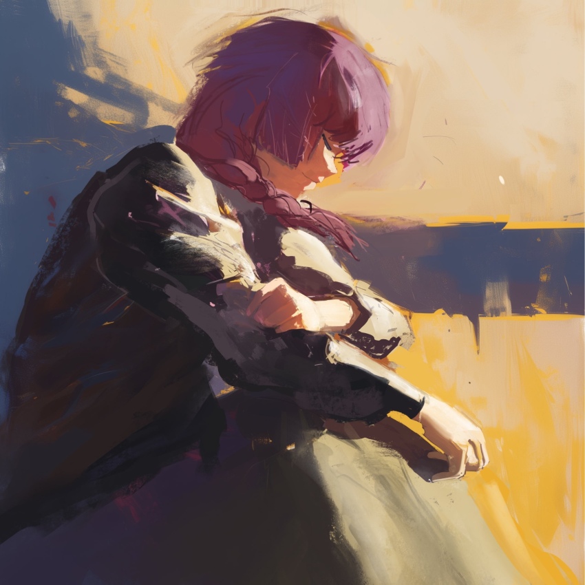 1girl black_jacket bocchi_the_rock! braid brush_stroke closed_eyes closed_mouth daodtt dress from_side green_dress hand_on_own_arm highres hiroi_kikuri jacket light_smile long_hair outdoors purple_hair single_braid sitting solo traditional_media twilight