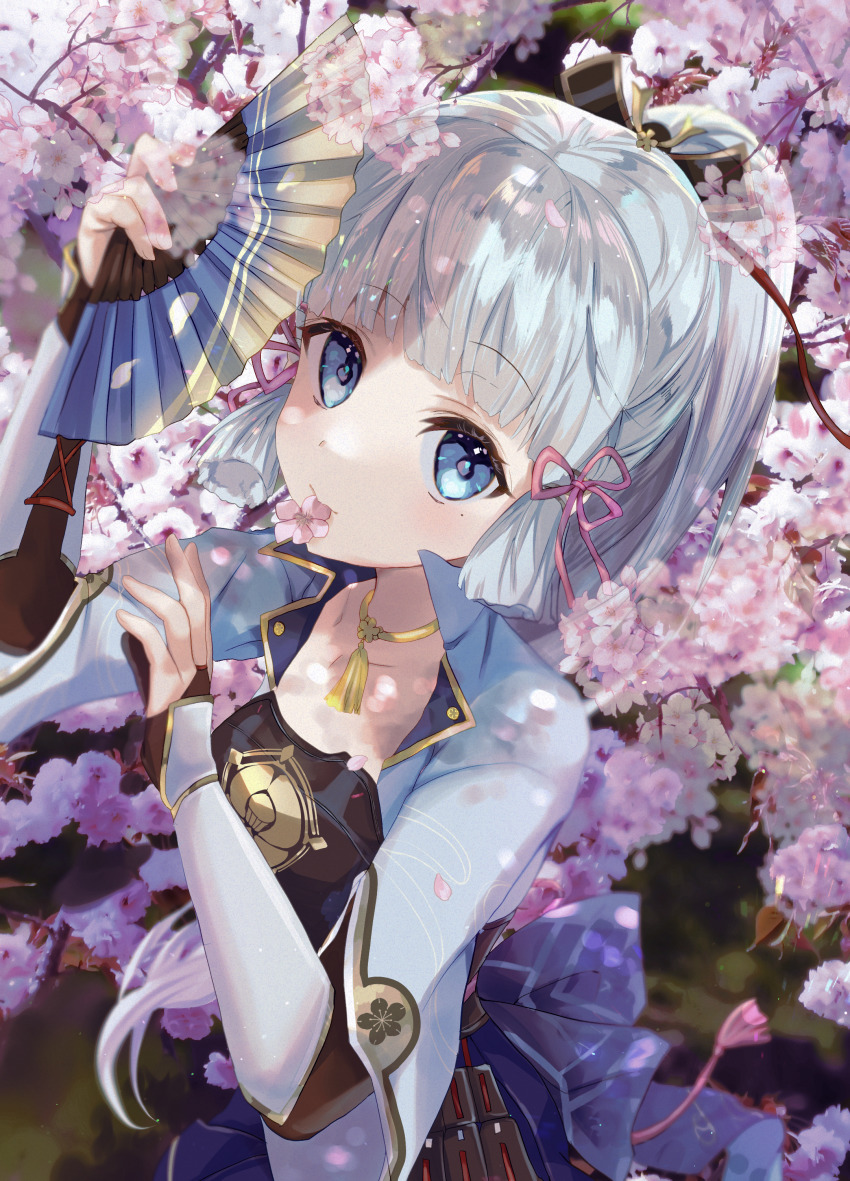 1girl absurdres armor ayaka_(genshin_impact) blue_eyes blunt_bangs blush breastplate choker dress flower flower_in_mouth folding_fan genshin_impact hair_ornament hair_ribbon hand_fan highres holding holding_fan huge_filesize isuzu_(an_icy_cat) japanese_clothes looking_at_viewer mole mole_under_eye ponytail ribbon sidelocks solo tree vambraces