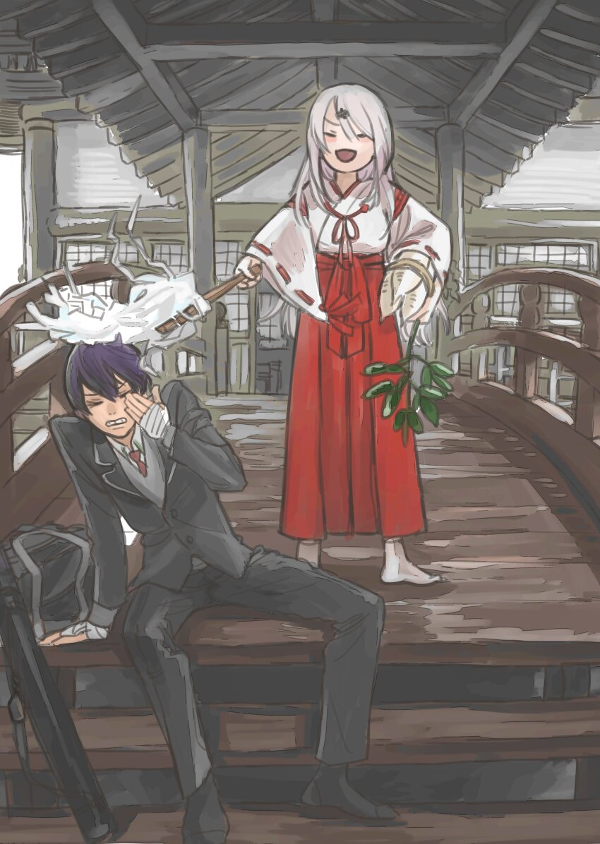 1boy 1girl absurdres arm_support bag black_jacket black_pants black_socks bridge carrying carrying_under_arm clenched_teeth closed_eyes daikon day full_body gohei grimace hakama hand_up hand_wraps highres holding holding_gohei jacket japanese_clothes kenmochi_touya kenmochi_touya_(1st_costume) kimono koze_niire long_hair long_sleeves miko necktie nijisanji no_shoes on_stairs pants purple_hair radish red_hakama red_necktie school_bag school_uniform shiina_yuika shiina_yuika_(3rd_costume) short_hair shrine sitting smack smile socks standing teeth unworn_bag virtual_youtuber weapon_case white_hair white_kimono wide_sleeves wooden_bridge
