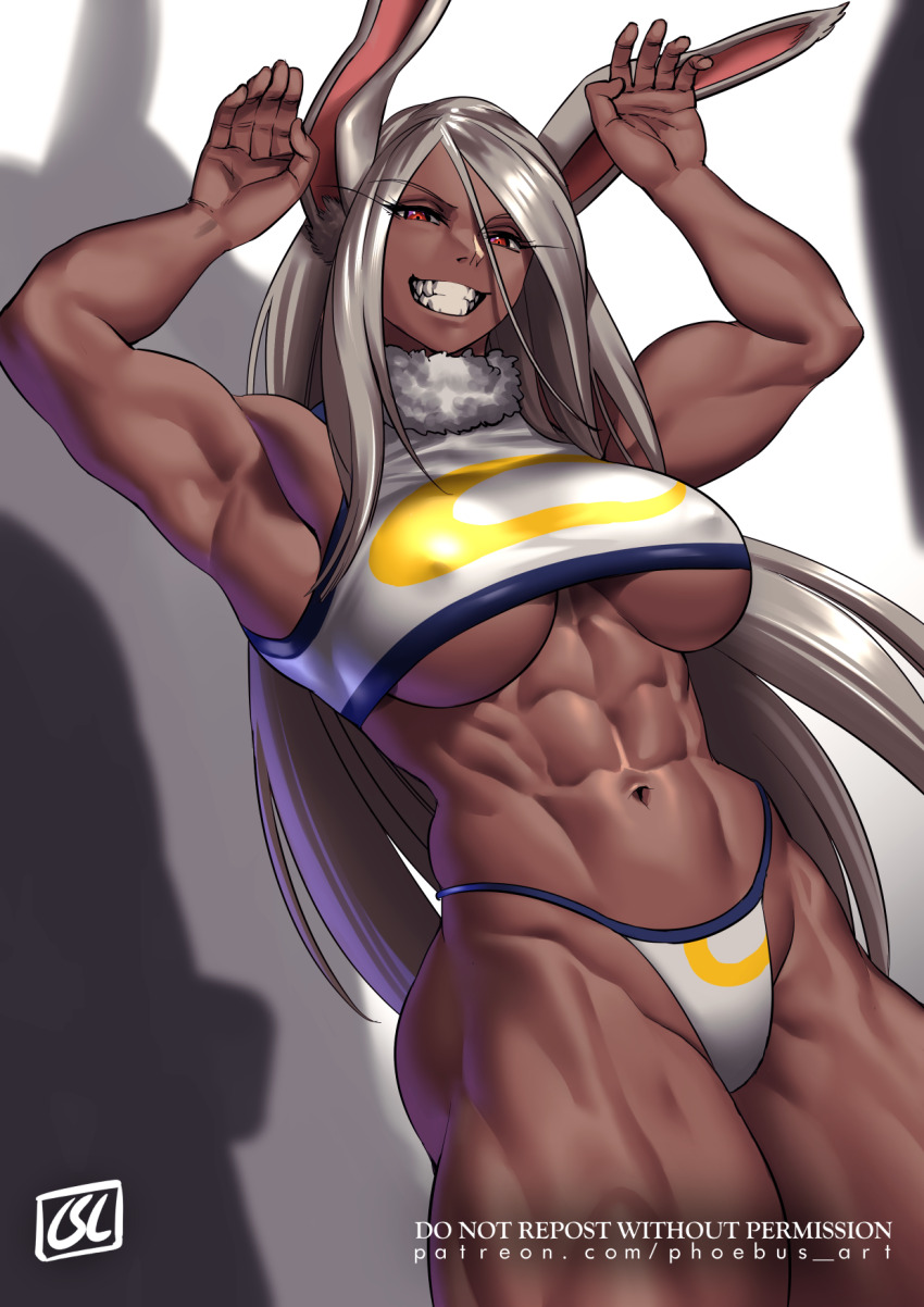 1girl :d abs animal_ears armpits arms_up bare_shoulders boku_no_hero_academia breasts collarbone covered_erect_nipples crescent_print dark-skinned_female dark_skin fur_collar hair_between_eyes highleg highleg_panties highres large_breasts logo long_eyelashes long_hair looking_at_viewer mirko muscular muscular_female navel open_mouth panties patreon_username phoebus_art rabbit_ears rabbit_girl rabbit_pose red_eyes shadow smile solo sports_bra stomach teeth thick_thighs thighs underboob underwear white_hair white_panties white_sports_bra