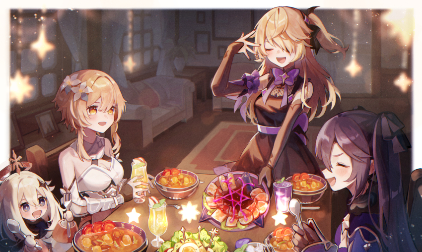 1girl absurdres backless_dress backless_outfit bare_shoulders bat_ornament bird black_hair black_ribbon blonde_hair blue_capelet blue_eyes blush bodystocking bow bowtie breasts bridal_gauntlets capelet chuunibyou collar couch detached_sleeves die_heilige_sinfonie_(genshin_impact) dinner dress egg_(food) elbow_gloves eyepatch feather_hair_ornament feathers fingerless_gloves fischl_(genshin_impact) flower food fork fur-trimmed_capelet fur_trim genshin_impact gloves hair_between_eyes hair_flower hair_ornament hair_over_one_eye hair_ribbon halo highleg highleg_leotard highres holding holding_spoon kino_(m6t2a) leotard lily_(flower) long_hair long_sleeves looking_at_viewer lumine_(genshin_impact) meat medium_breasts mona_(genshin_impact) multiple_girls night open_mouth orange_eyes paimon_(genshin_impact) partially_fingerless_gloves purple_bow purple_bowtie purple_ribbon red_carpet ribbon salad satisfying_salad_(genshin_impact) sausage scarf short_hair short_hair_with_long_locks sidelocks simple_background single_bridal_gauntlet single_sleeve sleeveless sleeveless_dress small_breasts smile spoon stew strapless strapless_leotard twintails two_side_up white_dress white_flower white_gloves white_hair white_sleeves yellow_eyes