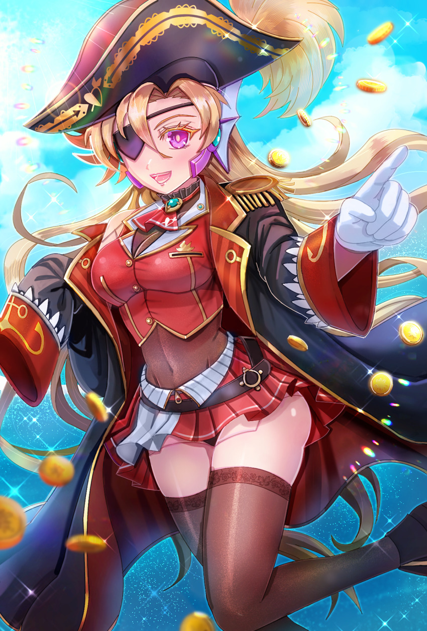 1girl ascot bicorne black_coat blonde_hair breasts choker coat coin cosplay cropped_jacket eyepatch frilled_choker frills hat highres hololive houshou_marine houshou_marine_(1st_costume) houshou_marine_(cosplay) jacket kiwakiwa leather_belt leotard leotard_under_clothes long_hair marty_(mega_man) mega_man_(series) mega_man_x_(manga) mega_man_x_(series) miniskirt one_eye_covered pirate pirate_hat pleated_skirt purple_eyes red_ascot red_jacket red_skirt revision see-through_clothes see-through_leotard skirt solo virtual_youtuber