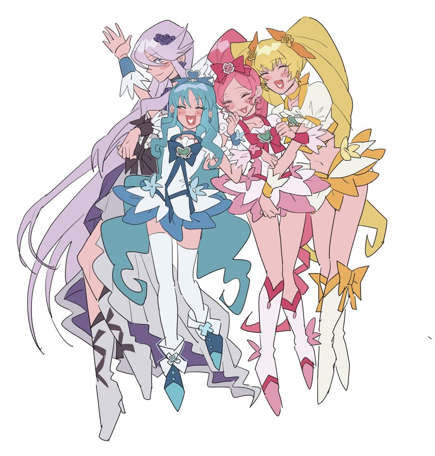 4girls blonde_hair blue_hair blush boots brooch choker closed_eyes closed_mouth commentary_request cure_blossom cure_marine cure_moonlight cure_sunshine dress earrings flat_color flower footwear_flower frilled_skirt frills hair_flower hair_ornament hair_ribbon heart heart_brooch heart_in_mouth heartcatch_precure! highres jewelry light_smile long_hair midriff multiple_girls navel open_mouth pink_hair precure purple_hair ribbon ribbon_choker simple_background skirt smile thighhighs twintails very_long_hair w6kyh wrist_ribbon