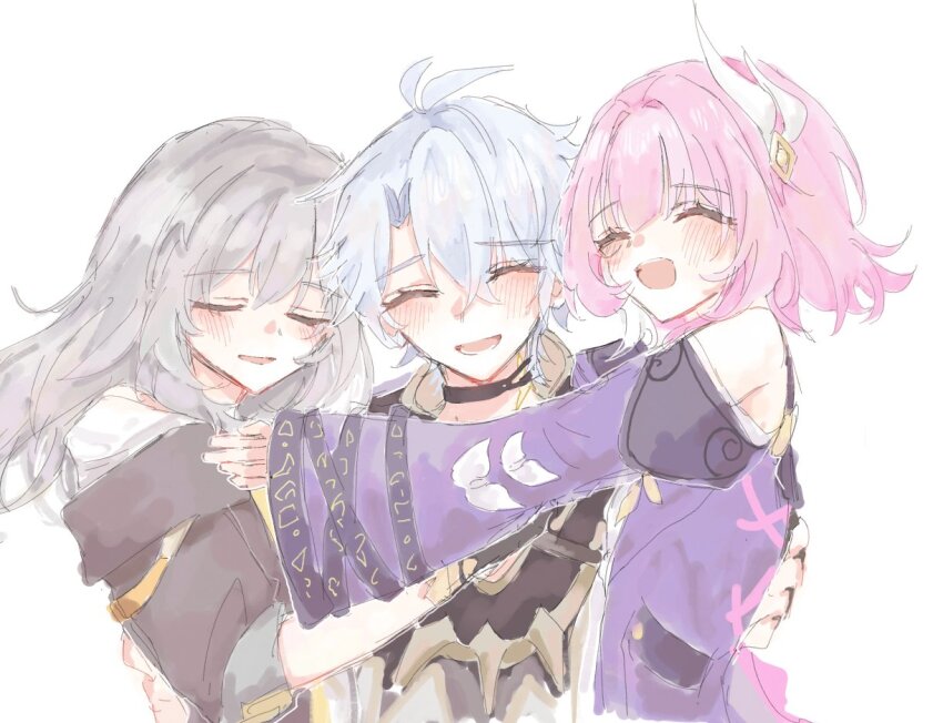 1boy 2girls ahoge ame_00531 black_coat blush coat cyrene_(honkai:_star_rail) gold_tattoo grey_hair hair_ornament honkai:_star_rail honkai_(series) hug medium_hair multicolored_hair multiple_girls neck_tattoo open_mouth phainon_(honkai:_star_rail) pink_hair purple_coat short_hair simple_background smile stelle_(honkai:_star_rail) tattoo trailblazer_(honkai:_star_rail) two-tone_hair white_background white_hair