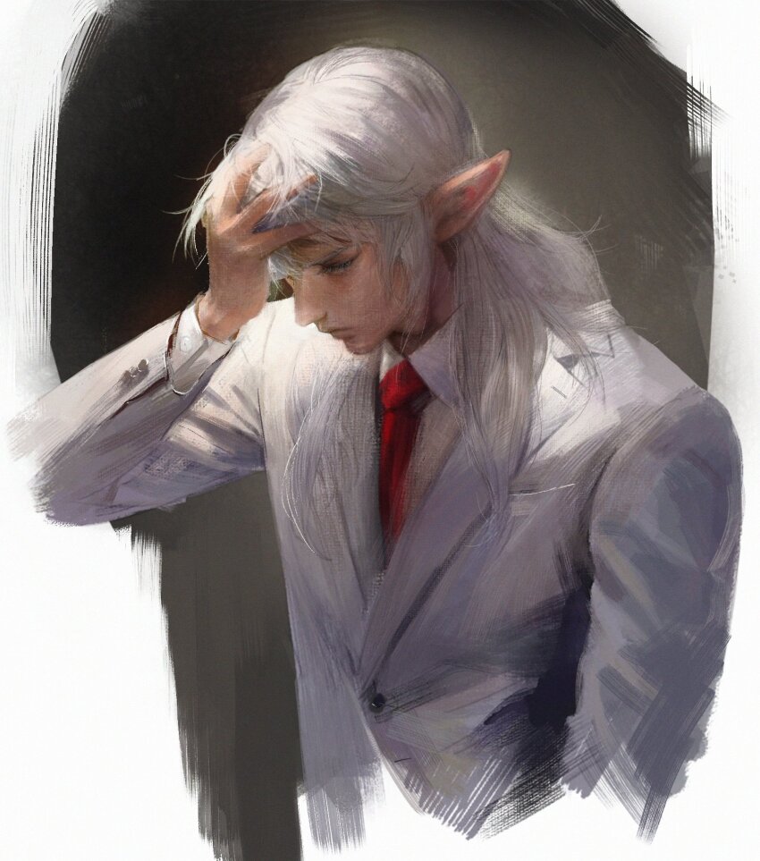 1boy alternate_costume arm_up closed_mouth collared_shirt cropped_arm cropped_torso elezen elf estinien_varlineau eyelashes final_fantasy final_fantasy_xiv formal_clothes hand_on_another&#039;s_head highres jacket lapels long_hair long_pointy_ears long_sleeves looking_down male_focus melvinfeat necktie notched_lapels pointy_ears red_necktie shirt solo suit_jacket white_hair white_jacket white_shirt wing_collar