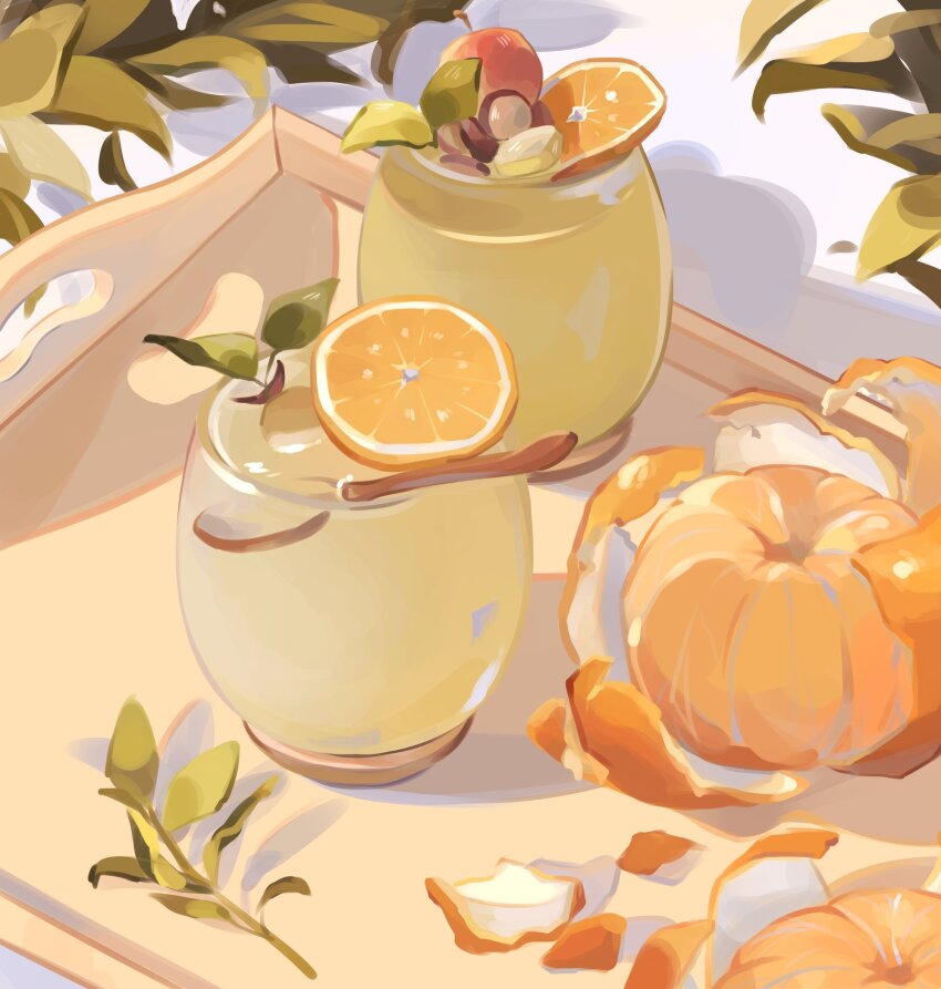 commentary english_commentary food food_focus fruit glass highres leaf lemonade mumechi no_humans orange_(fruit) orange_peel orange_slice original plant shadow spoon tray utensil white_background wooden_tray