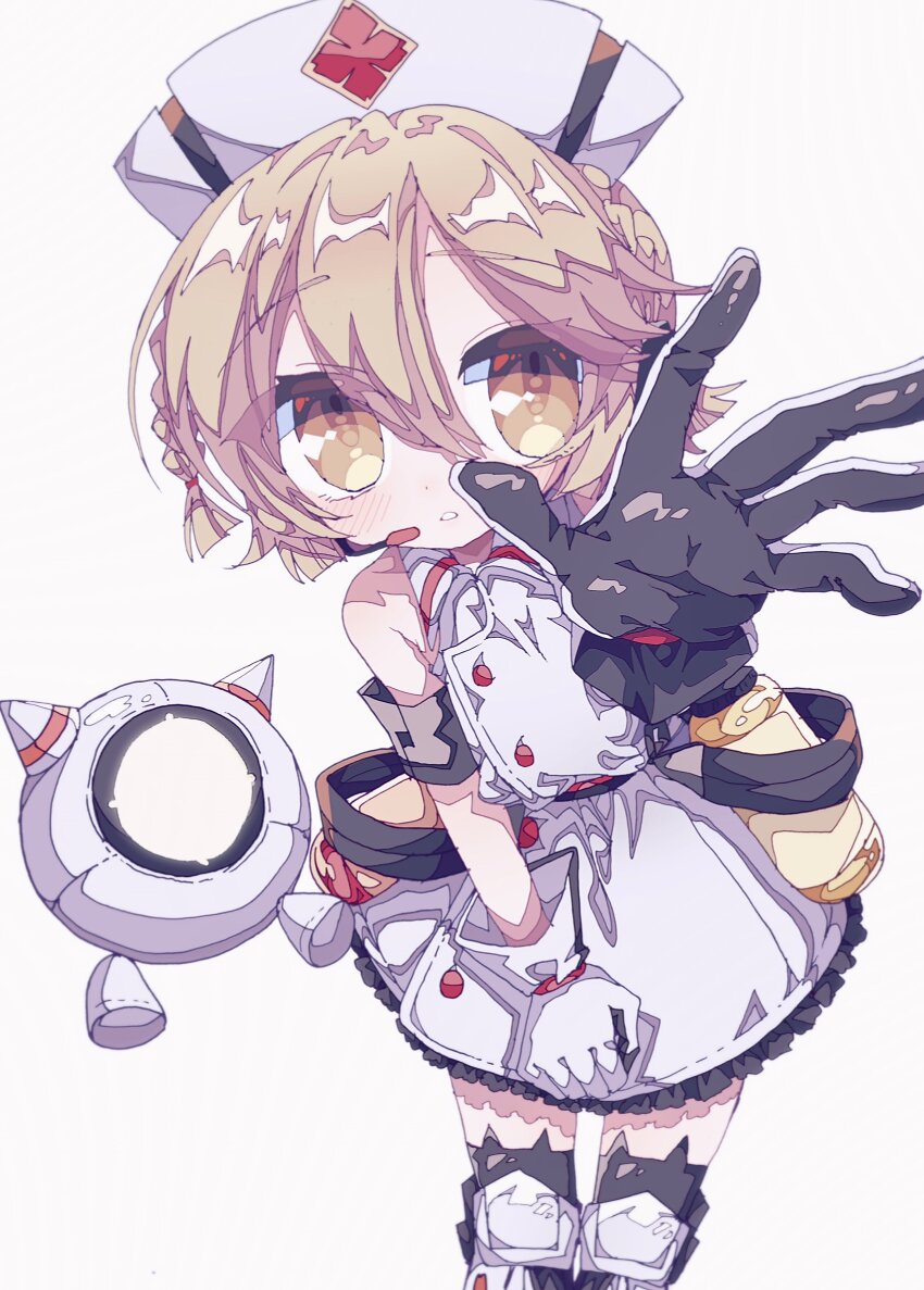 1girl absurdres bare_shoulders black_gloves blonde_hair braid buttons collared_dress double-parted_bangs dress drone eyes_visible_through_hair gloves hair_between_eyes hat headset highres mechanical_legs mekziro nurse nurse_cap nurse_robot_type_t orange_eyes outstretched_arm parted_lips short_hair side_braids simple_background sleeveless sleeveless_dress solo two-tone_gloves utau white_background white_dress white_gloves white_hat