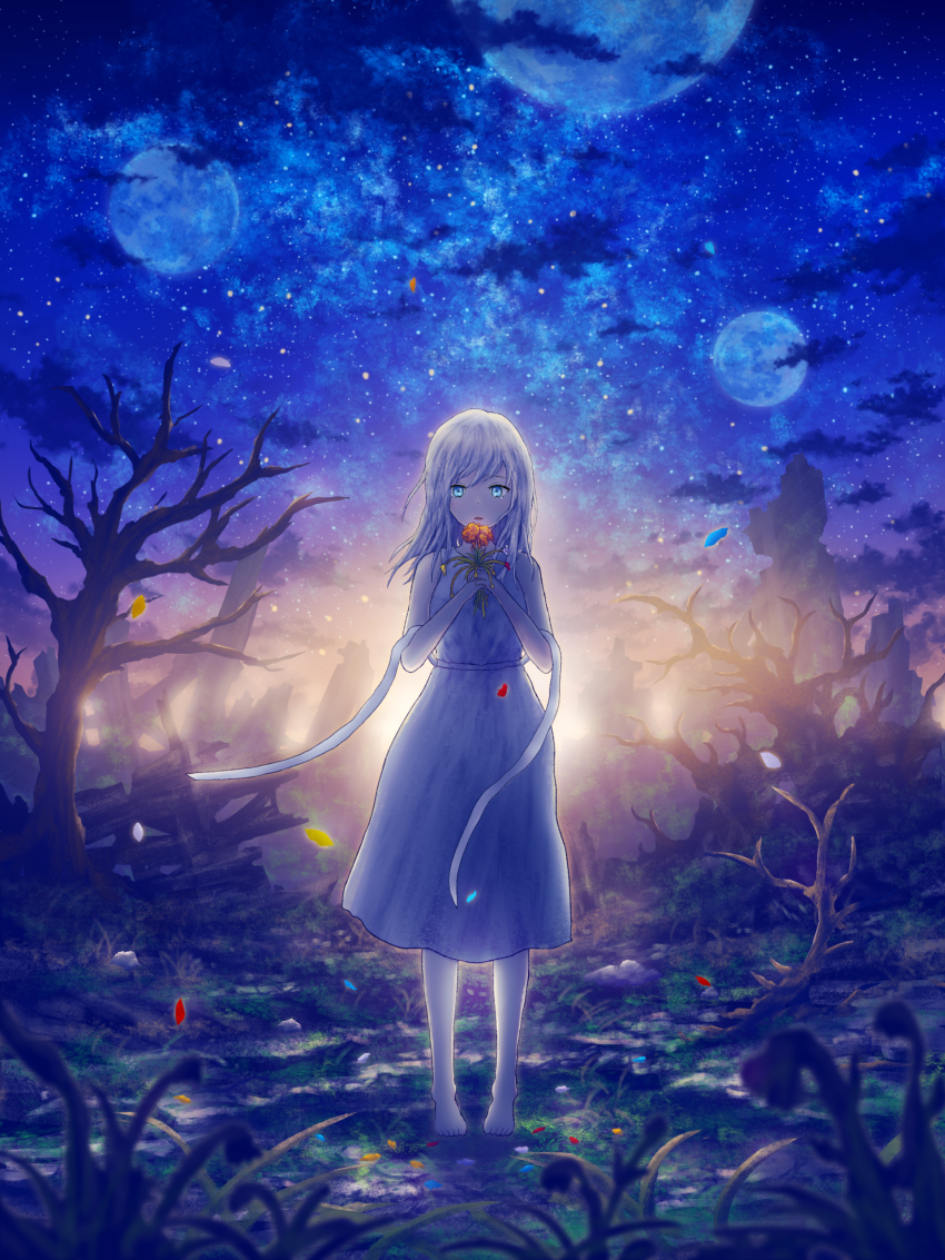 1girl absurdres aqua_eyes au_ito bare_arms bare_tree barefoot blurry blurry_foreground cloud commentary_request crying crying_with_eyes_open depth_of_field dress falling_petals floating_hair flower grass hair_over_shoulder highres holding holding_flower long_hair looking_at_viewer multiple_moons night night_sky orange_flower original parted_lips petals pigeon-toed ribbon ruins scenery sky sleeveless sleeveless_dress solo standing star_(sky) starry_sky straight-on straight_hair streaming_tears swept_bangs tears tree white_dress white_hair white_ribbon wind