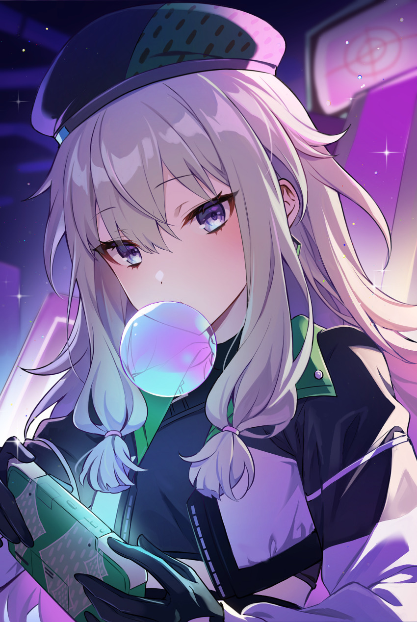 1girl black_jacket blowing_bubble_gum blunt_tresses blush cellphone commentary_request earrings green_hat grey_hair hair_between_eyes hat highres holding holding_phone jacket jewelry kheng_(k_heng1223) kusanagi_nene long_hair long_sleeves looking_at_viewer open_clothes open_jacket outdoors phone project_sekai purple_eyes sidelocks smartphone solo sparkle upper_body