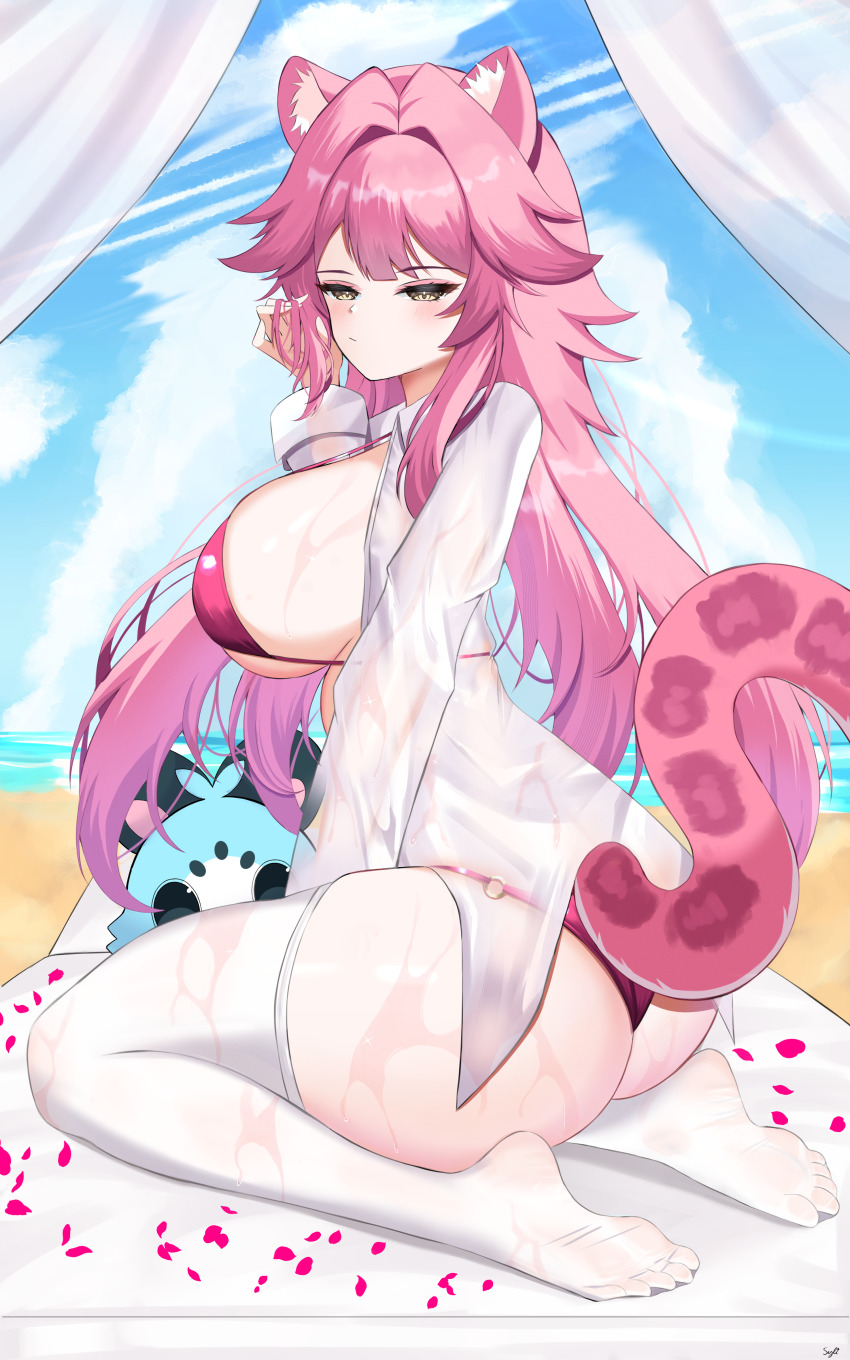 1girl absurdres animal_ears ass beach bikini blue_sky blush breasts chattino_(raora_panthera) closed_mouth commentary curtains day english_commentary feet hair_intakes hand_in_own_hair highres hololive hololive_english huge_breasts long_hair long_sleeves ocean panther_ears panther_girl panther_tail pink_bikini pink_hair raora_panthera sand seiza shirt sitting sky soles soles_of_feet_in_socks swimsuit sylix44 tail thighhighs thighs twisted_torso virtual_youtuber white_shirt white_thighhighs yellow_eyes