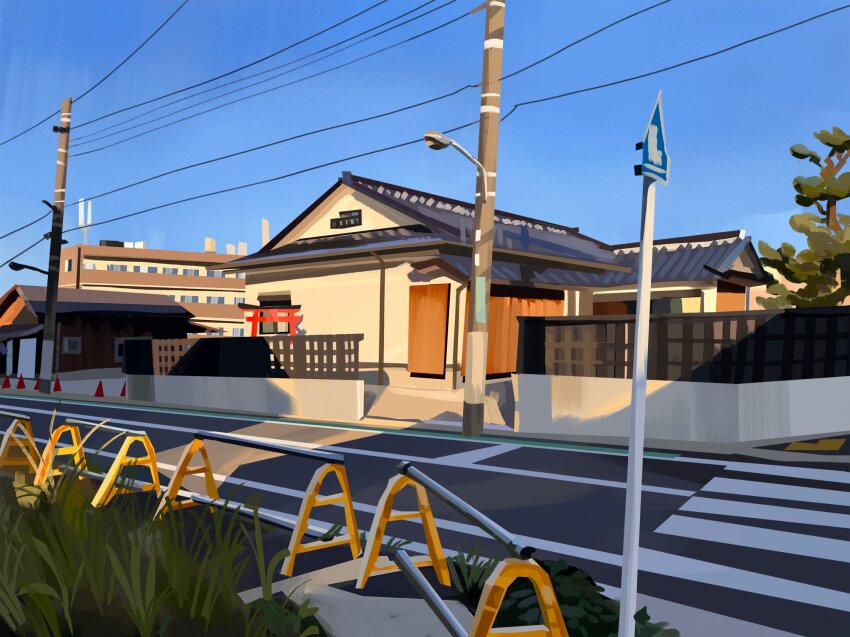 architecture blue_sky bootlegwhale building crosswalk day fence grass highres house lamppost no_humans original outdoors pavement power_lines road road_sign scenery sidewalk sign sky street sunlight traffic_cone tree utility_pole