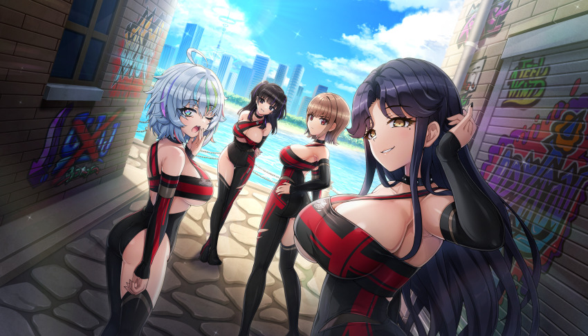 2girls :| adjusting_hair ahoge alley ass black_bodysuit black_hair black_nails black_thighhighs bodysuit boots breasts brown_hair cityscape cleavage cleavage_cutout closed_mouth clothing_cutout covering_own_mouth day detached_sleeves dolphin_wave game_cg graffiti grey_hair hand_on_own_hip hand_over_own_mouth hanihara_haru highres hirasaka_yuno kamie_tsugumi kurokuchi_muru large_breasts long_hair looking_at_viewer looking_back medium_hair mole mole_under_eye multicolored_eyes multicolored_hair multiple_girls non-web_source ocean official_art one_eye_closed ootomo_takuji open_mouth parted_bangs purple_streaks rainbow_eyes red_eyes school_uniform single_thighhigh sleepy smile streaked_hair studded_choker sunlight thigh_boots thighhighs two_side_up underboob_cutout yellow_eyes