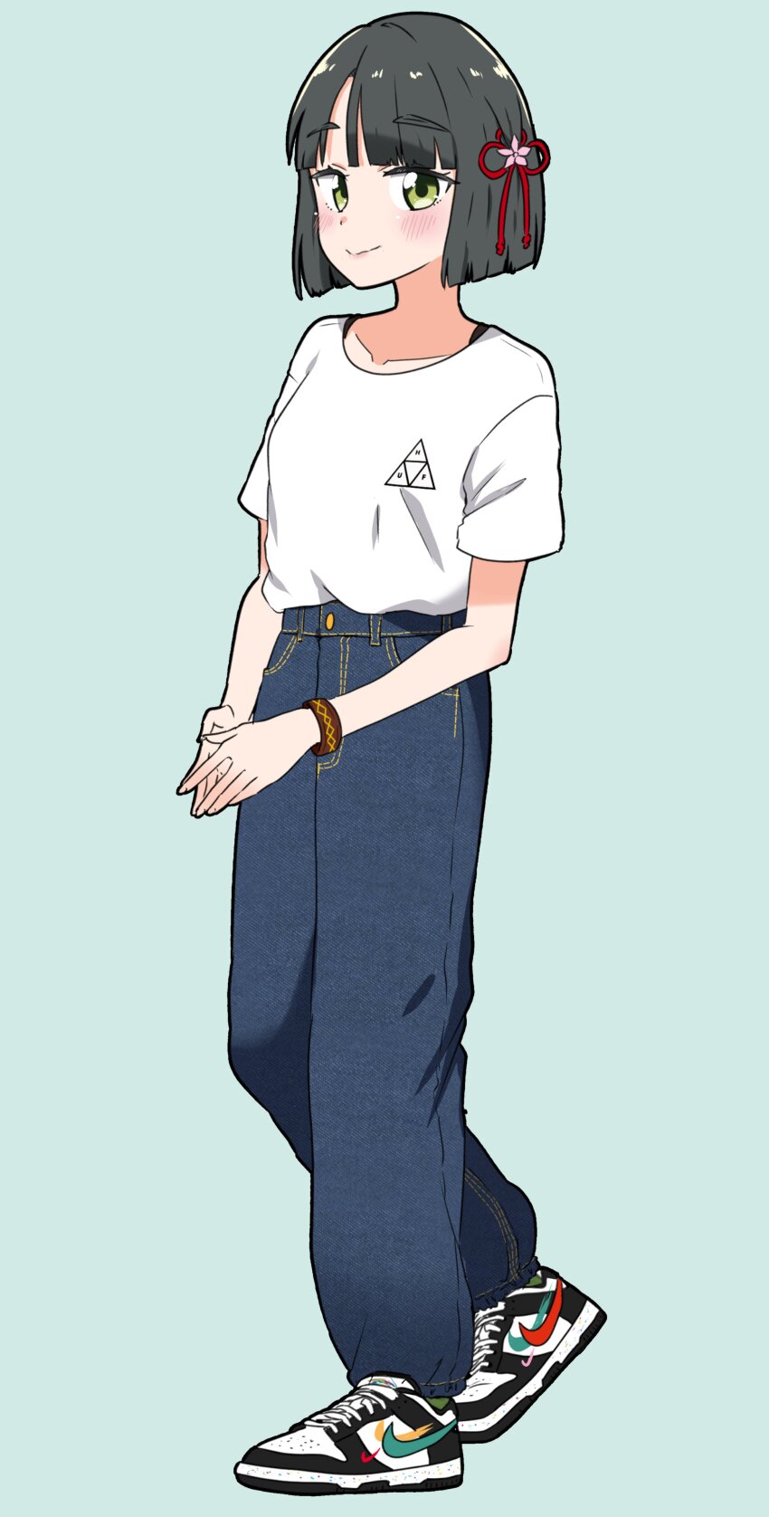 1girl absurdres alternate_costume black_hair blue_background blue_pants blunt_bangs blunt_ends blush bra_strap brown_bracelet closed_mouth collarbone denim flower flower_knot foot_up footwear_request full_body green_eyes hair_flower hair_ornament highres jeans kanzaki_gou link!_like!_love_live! looking_at_viewer love_live! momose_ginko nike_(company) own_hands_together pants shirt shoes short_hair short_sleeves simple_background smile sneakers solo standing steepled_fingers t-shirt virtual_youtuber white_shirt
