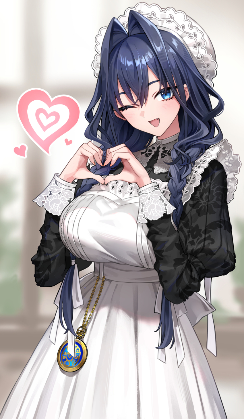 1girl ;d apron black_dress blue_eyes blue_hair blurry blurry_background braid breasts commentary_request dress embroidery empire_waist fang frilled_apron frilled_hat frills hair_intakes hair_over_shoulder hat heart heart_hands highres hololive hololive_english juliet_sleeves large_breasts long_dress long_hair long_sleeves looking_at_viewer low_twin_braids maid maid_apron mob_cap official_alternate_costume official_alternate_hairstyle one_eye_closed oopartz_yang open_mouth ouro_kronii ouro_kronii_(maid) pocket_watch puffy_sleeves puritan_collar smile solo twin_braids victorian_maid virtual_youtuber watch white_apron white_hat
