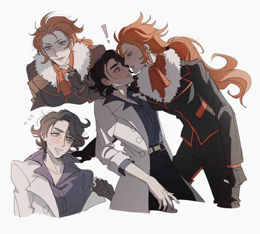 ! 2girls ascot professor_sycamore black_jacket black_pants blush coat collared_shirt commentary curly_hair eye_contact eyelashes fingerless_gloves flying_sweatdrops genderswap genderswap_(mtf) gloves hand_up highres jacket long_hair looking_at_another lysandre_(pokemon) multiple_girls nintendo open_clothes open_coat orange_ascot orange_hair pants pokemon pokemon_xy ponytail seirorath shirt sweatdrop white_background white_coat yellow_bag yuri