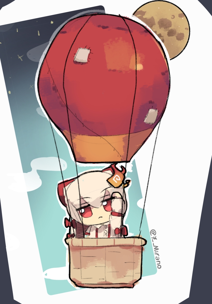 1girl 7-mirano absurdres aircraft arm_up balloon bow character_doll cloud doll fire frown fujiwara_no_mokou full_moon fumo_(doll) hair_bow hair_ribbon highres hot_air_balloon jitome long_hair long_sleeves moon red_eyes red_ribbon ribbon sky solo suspenders touhou twitter_username white_hair