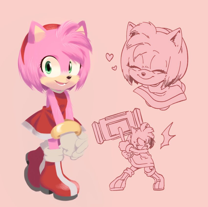 amy_rose artist_request boots closed_eyes dress gloves green_eyes hairband hammer heart highres medium_hair paramount_pictures pink_fur smile sonic_(live_action) sonic_(series) sonic_the_hedgehog_(movie) toy_hammer