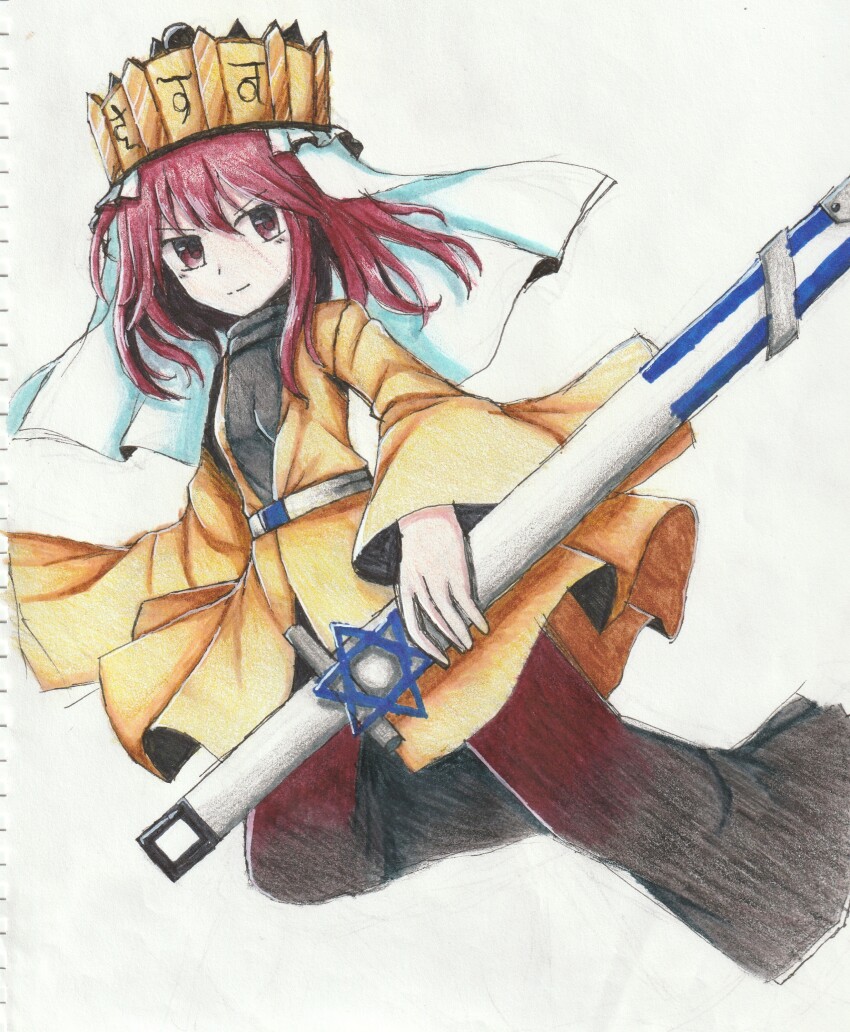 1other absurdres androgynous black_pants black_sweater brilliant_pagoda_or_haze_castle closed_mouth crown fox10991 frilled_hat frills gradient_pants hakama hakama_pants hat highres japanese_clothes len&#039;en len&#039;en light_blush medium_hair ooya_kunimitsu pants red_eyes red_hair red_pants smile sweater traditional_media turtleneck weapon